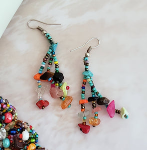 Seed Bead and Stone 3 Strand Earring in Multi
