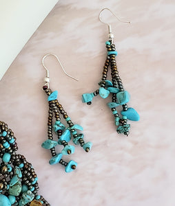 Seed Bead and Stone 3 Strand Earring in Turquoise with Bronze