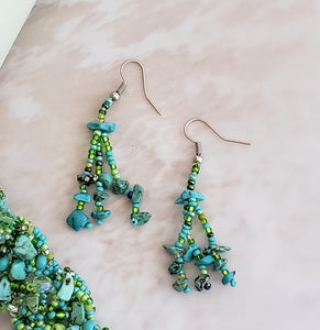 Seed Bead and Stone 3 Strand Earring in Turquoise and Lime