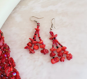 Seed Bead and Stone 3 Strand Earring in Coral