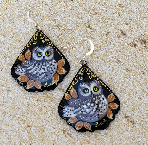 Handpainted Russian Folk Art Owl Earrings