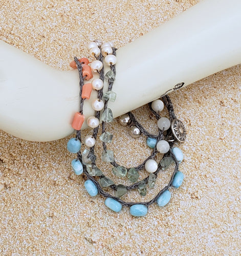 Larimar, Coral, Pearl & Flourite Triple Wrap Bracelet by J Leslie Designs