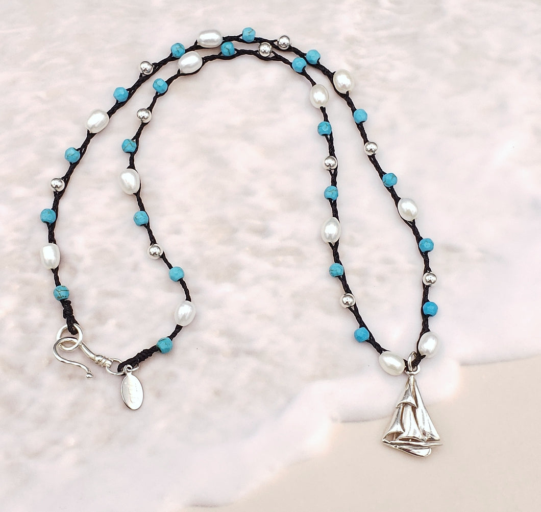 Sterling Sailboat Charm, Howlite and Freshwater Pearl Necklace