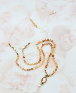 Vintage Cameo, Peach Moonstone and Freshwater Pearl Necklace by J Leslie Designs